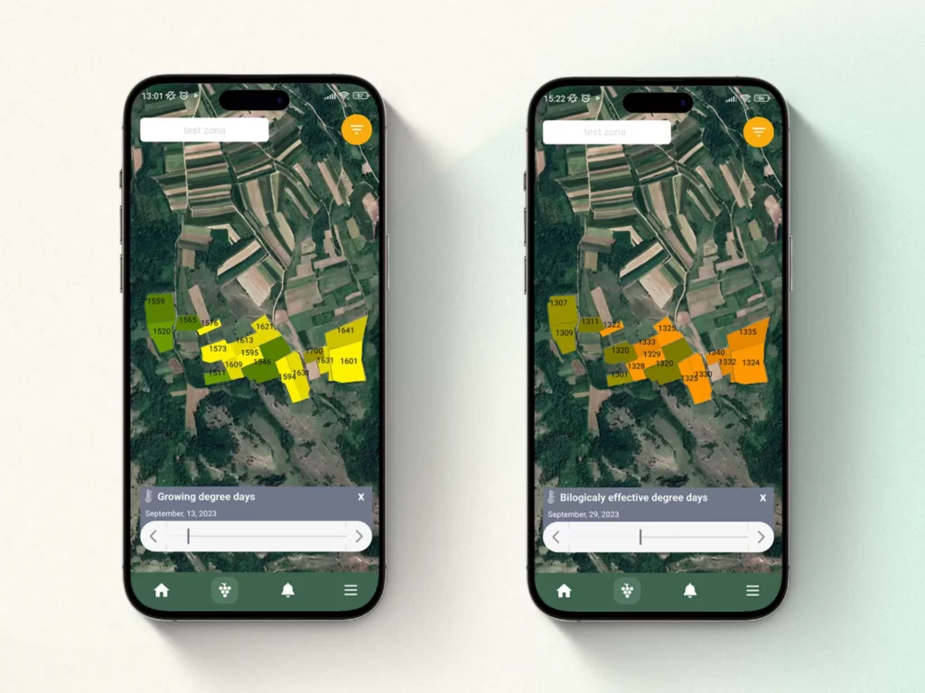 Two screens from winessense mobile app showcasing the map display of growing indices days during September 2023 with value in the range of 7-10 days of ripening delay.