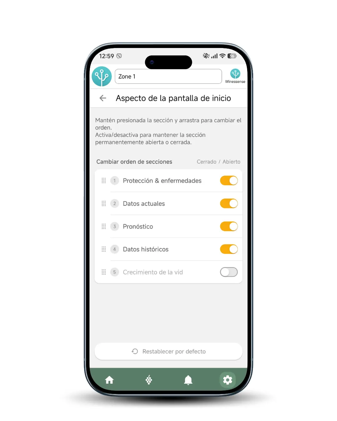 Pantalla de la app móvil con el diseño personalizable del panel de control del viñedo con secciones arrastrables para protección, desarrollo de la planta