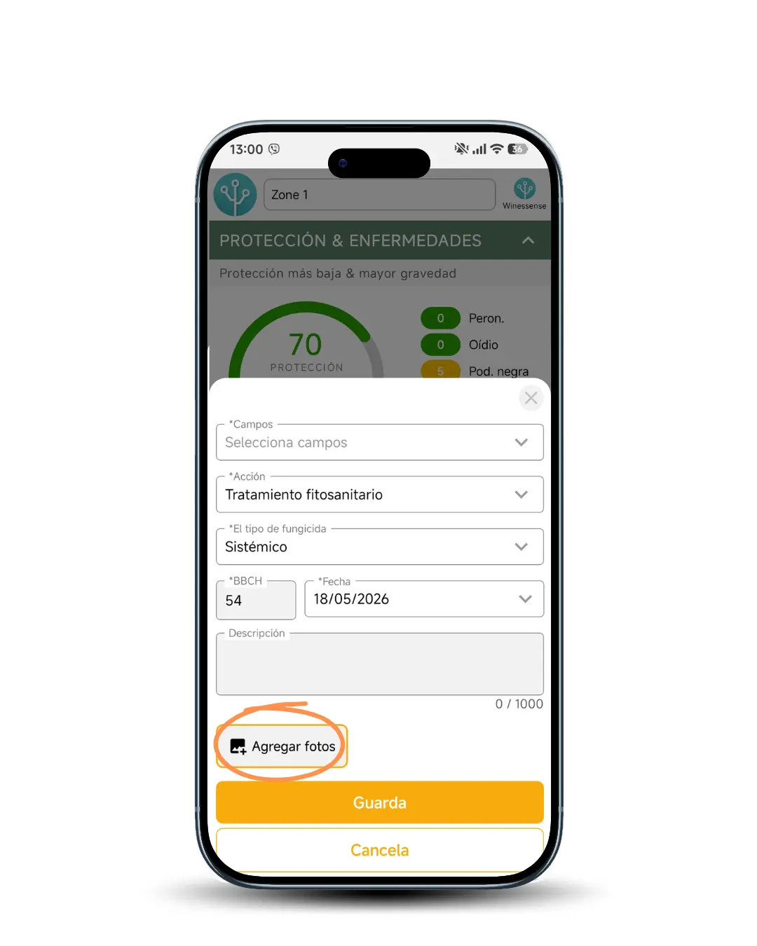 Pantalla de la app móvil con el registro fotográfico del viñedo. Añadir múltiples fotos a acciones para una parcela específica.
