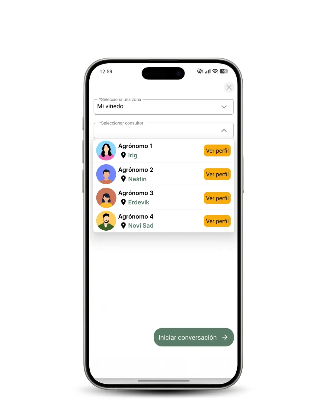 Pantalla de la app móvil con la lista de agrónomos locales con ubicaciones y opciones de perfil, para consultas sobre el viñedo.