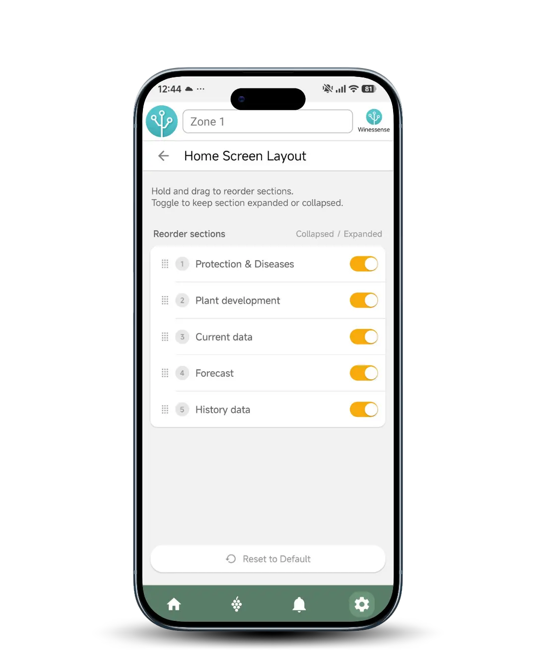 Mobile app screen showing customizable vineyard dashboard layout with draggable sections for protection, plant development, weather data, forecast, and history.