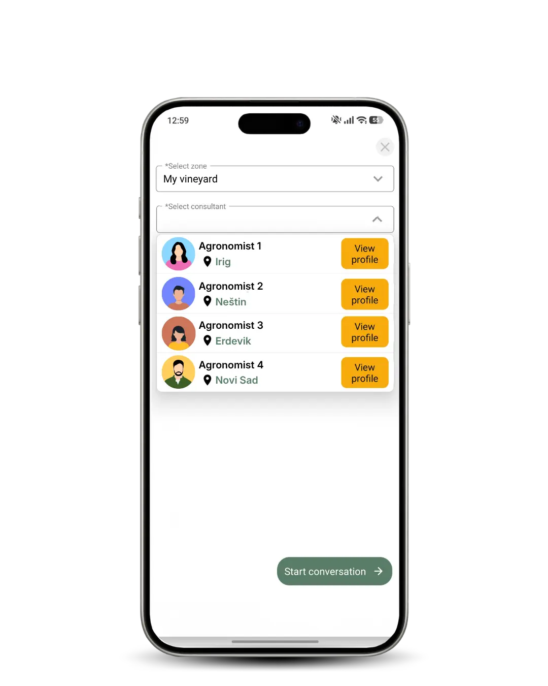 Mobile app screen displaying a list of local agronomists with locations and profile options, enabling vineyard consultation and direct communication.