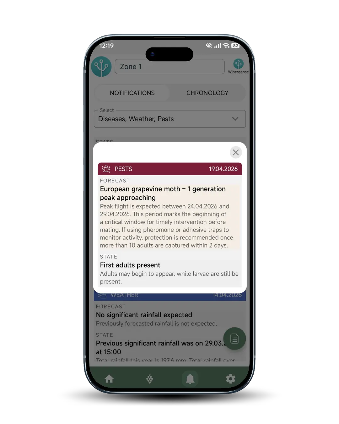 Mobile app screen showing European Grapevine Moth Monitoring (Lobesia botrana), pests control, timing of treatment.