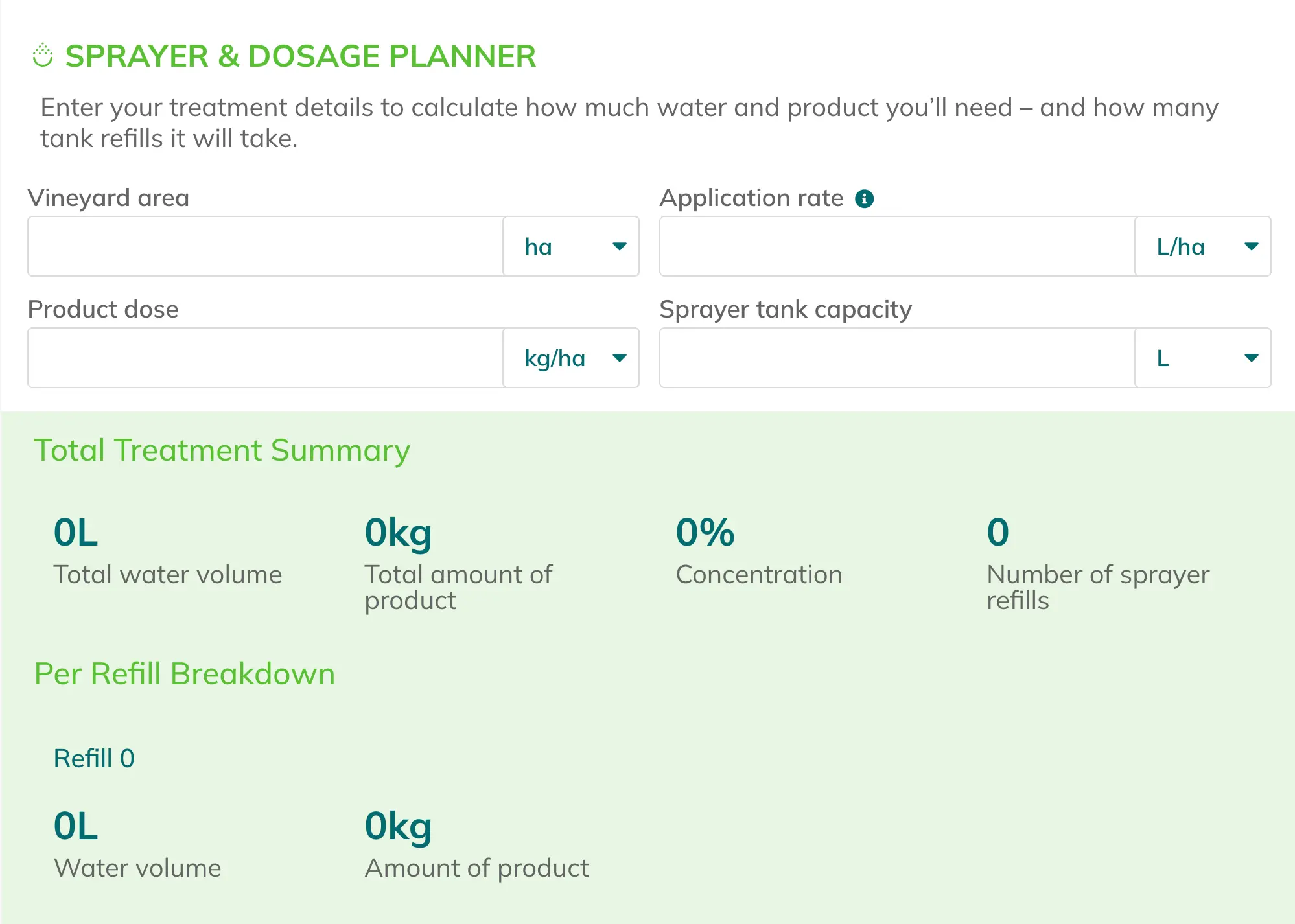 screen showing spray calculator for precise chemical application, sprayer and dosage planner, treatment summary and refill breakdown.