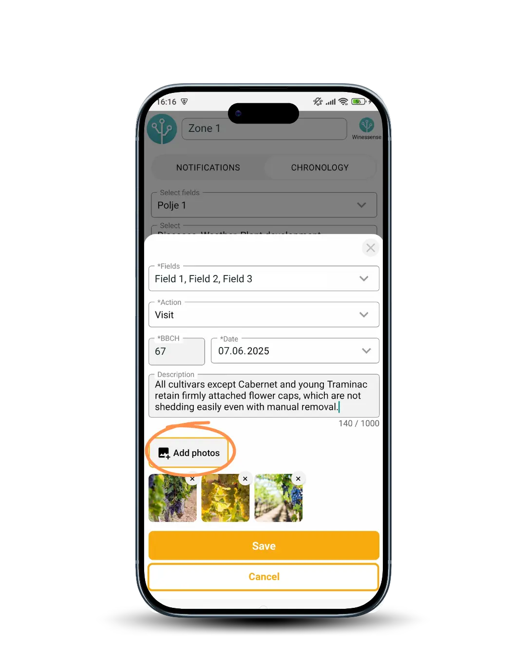 Mobile app screen showing vineyard photo log. Adding multiple photos to actions for specific field
