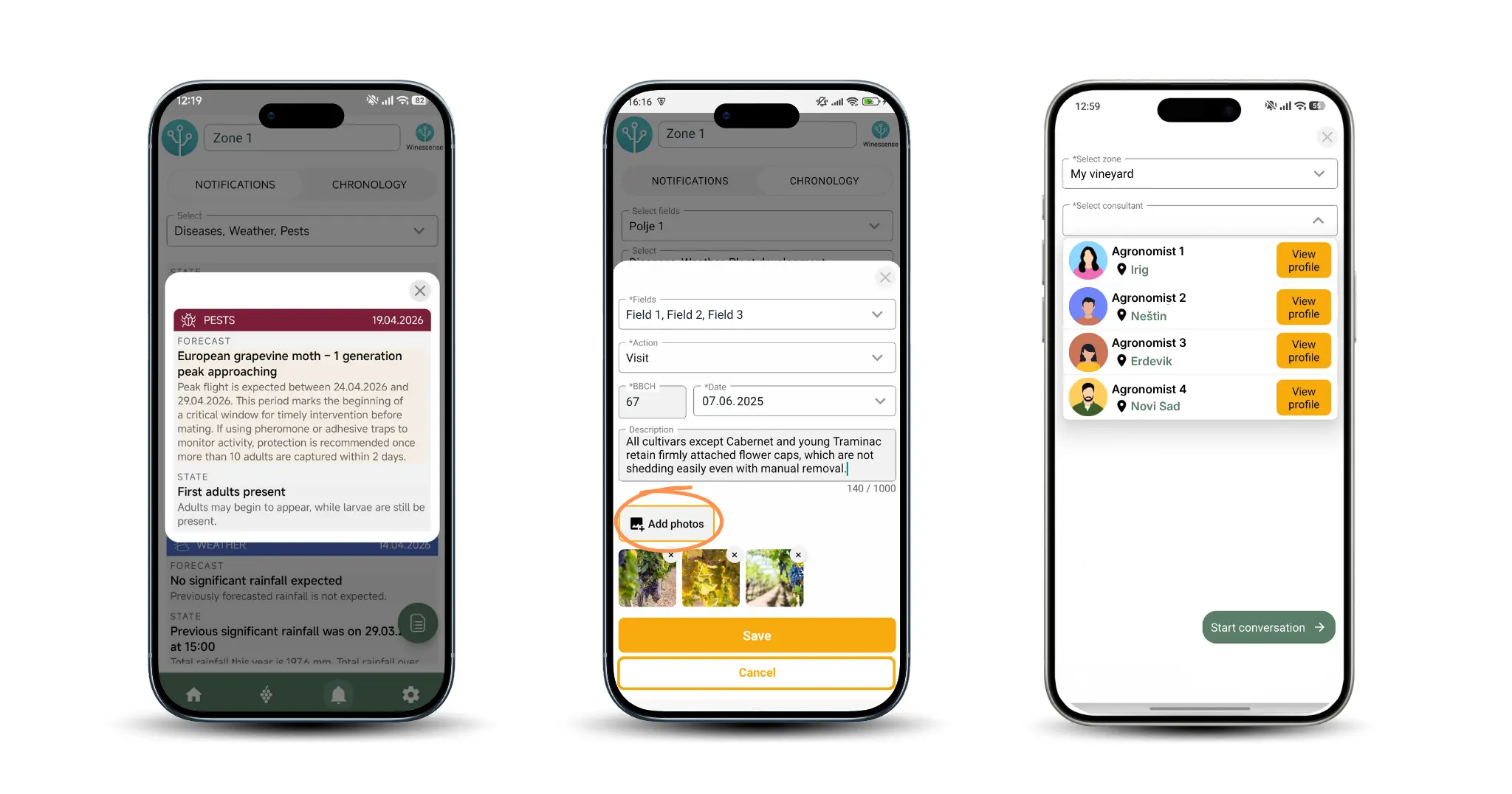 winessense mobile app, screens vineyard photo log, chat with agronomist, pests notification