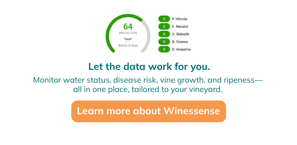 monitor water status, disease risk, vine growth